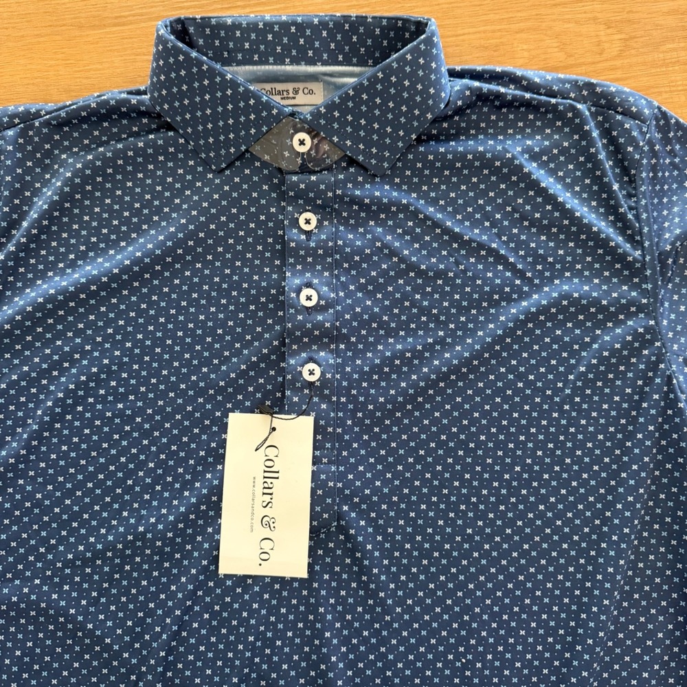 Collars & Co Mens Dress Collar Polo Shirt Navy Blue Geometric Print Medium NWT
